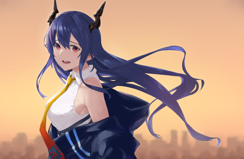 1girl arknights bangs black_jacket blue_hair blurry blurry_background breasts ch'en_(arknights) dragon_horns hair_between_eyes highres horns jacket large_breasts long_hair multicolored_neckwear necktie off_shoulder open_mouth outdoors red_eyes shirt sky sleeveless sleeveless_shirt solo tsukira_(amayadori) upper_body white_shirt