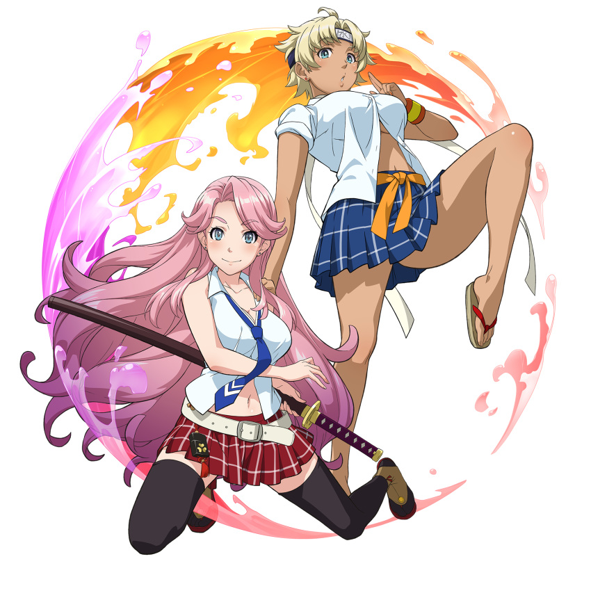 2girls belt black_legwear blue_eyes blue_neckwear blue_skirt breasts earrings eyebrows_visible_through_hair headband highres holding holding_sword holding_weapon jewelry kandagawa_jet_girls katana large_breasts leg_up long_hair looking_at_viewer loose_necktie multiple_girls naruko_hanaharu navel necktie official_art parted_lips partially_unbuttoned pink_hair pleated_skirt red_skirt sandals sheath sheathed short_hair skirt sleeveless sleeves_rolled_up smile stud_earrings sword tan thigh-highs transparent_background weapon zettai_ryouiki