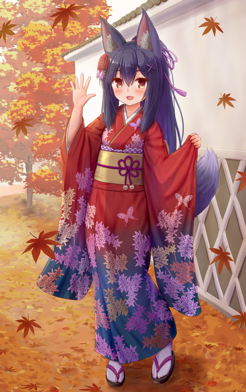 1girl :d absurdres animal_ear_fluff animal_ears autumn_leaves bangs black_footwear black_hair blush brown_eyes commentary_request eyebrows_visible_through_hair fang fox_ears fox_girl fox_tail full_body hair_between_eyes hair_ornament hair_ribbon hairclip hands_up highres iroha_(iroha_matsurika) japanese_clothes kimono leaf long_hair long_sleeves looking_at_viewer maple_leaf obi open_mouth original outdoors pinching_sleeves print_kimono purple_ribbon red_kimono ribbon sash sleeves_past_wrists smile socks solo tabi tail white_legwear wide_sleeves x_hair_ornament zouri