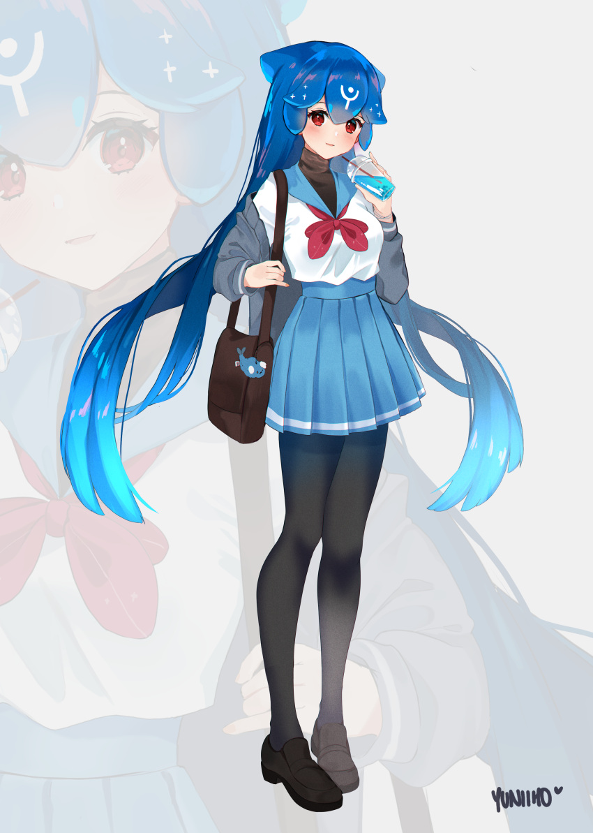 1girl absurdres bag bangs bao_(vtuber) black_footwear black_legwear blue_hair blue_sailor_collar blue_skirt blush breasts cup disposable_cup drinking_straw full_body gradient_hair grey_background grey_jacket hair_between_eyes highres holding holding_cup indie_virtual_youtuber jacket loafers long_hair long_sleeves multicolored_hair off_shoulder open_clothes open_jacket pantyhose pleated_skirt red_eyes red_neckwear ribbon sailor_collar school_uniform serafuku shirt shoes signature skirt small_breasts smile solo very_long_hair virtual_youtuber whale white_shirt yuniiho zoom_layer
