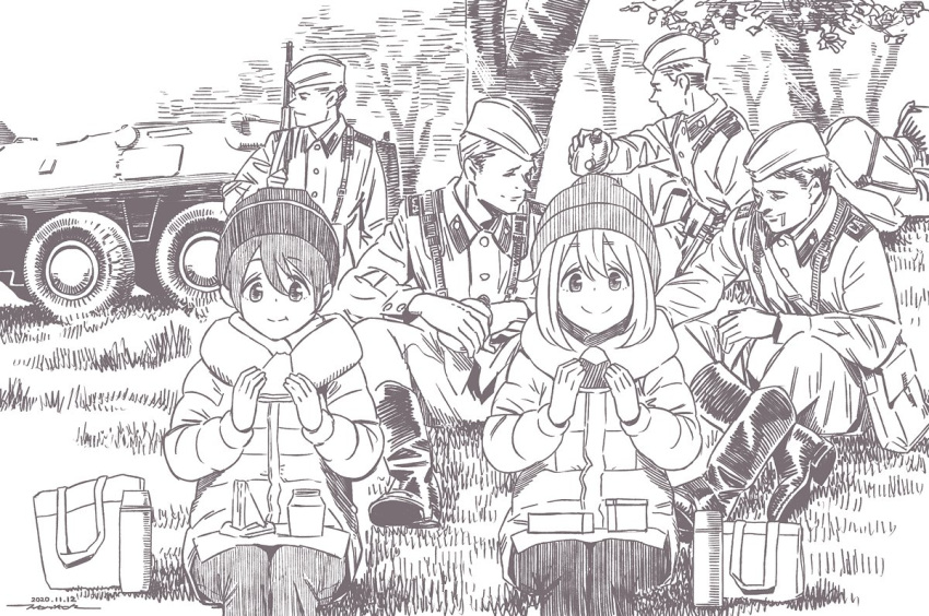 1girl 5boys bag beanie boots brown_theme character_request closed_mouth coat dot_nose eating food ground_vehicle hat horikou jacket medium_hair military military_uniform military_vehicle monochrome motor_vehicle multiple_boys onigiri outdoors pants real_life sandwich short_hair shoulder_bag sitting smile soldier soviet soviet_army tank tree uniform winter_clothes winter_coat yurucamp