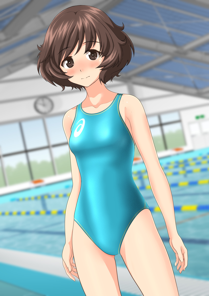 1girl absurdres akiyama_yukari aqua_swimsuit arms_at_sides asics ass_visible_through_thighs bangs blurry blurry_background blush breasts brown_eyes brown_hair clothes_writing collarbone competition_swimsuit cowboy_shot depth_of_field embarrassed emblem eyebrows_visible_through_hair from_behind girls_und_panzer highres lane_line legs_apart logo looking_at_viewer multiple_views nose_blush one-piece_swimsuit pool poolside shiny shiny_hair short_hair small_breasts standing swept_bangs swimsuit takafumi thighs water wavy_hair