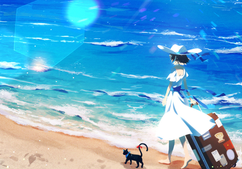 1girl bandana barefoot beach blue_ribbon brown_hair cat clouds cluseller commentary_request cropped day dress from_behind full_body hat hat_ribbon heel_up horizon lens_flare light_particles mountain mountainous_horizon original outdoors red_ribbon ribbon sand sash scenery short_hair short_sleeves solo standing suitcase sun_hat sunlight tail tail_ribbon walking water white_dress white_headwear