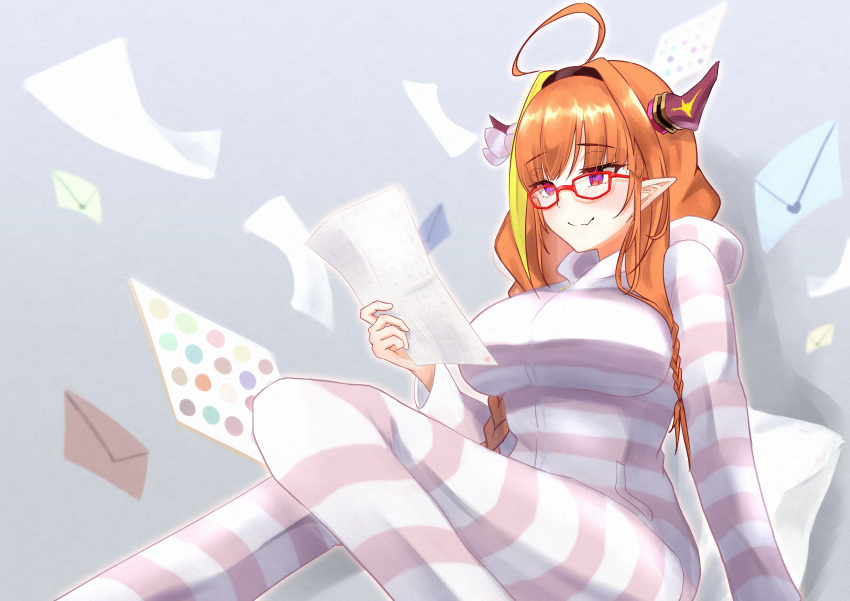 1girl absurdres ahoge black_hairband blonde_hair breasts dragon_horns envelope fang fang_out flying_paper hairband highres holding holding_paper hololive hood hood_down horns kiryuu_coco large_breasts long_pointy_ears multicolored_hair onesie orange_hair paper pointy_ears sitting sleepwear sleepy solo sora_shitatoge streaked_hair striped_clothes virtual_youtuber