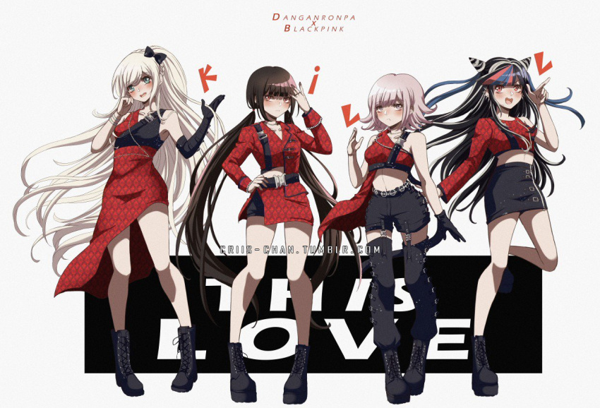 4girls alternate_costume bangs bare_shoulders belt black_belt black_footwear black_gloves black_hair black_shorts black_skirt blackpink blue_hair blunt_bangs blush boots braid breasts brown_hair clothing_request collarbone commentary copyright_name criis-chan crop_top cross-laced_footwear dangan_ronpa dress flipped_hair frown gloves hair_ornament hair_tie hand_on_hip hands_up harukawa_maki jacket lace-up_boots leg_up long_hair long_sleeves looking_at_viewer low_twintails medium_breasts medium_hair midriff mioda_ibuki multicolored_hair multiple_girls nanami_chiaki new_dangan_ronpa_v3 open_mouth pencil_skirt piercing pink_eyes pink_hair red_dress red_eyes red_jacket red_nails short_shorts shorts simple_background single_glove skirt smile sonia_nevermind super_dangan_ronpa_2 thigh-highs twintails twitter_username unmoving_pattern upper_teeth very_long_hair white_background white_hair