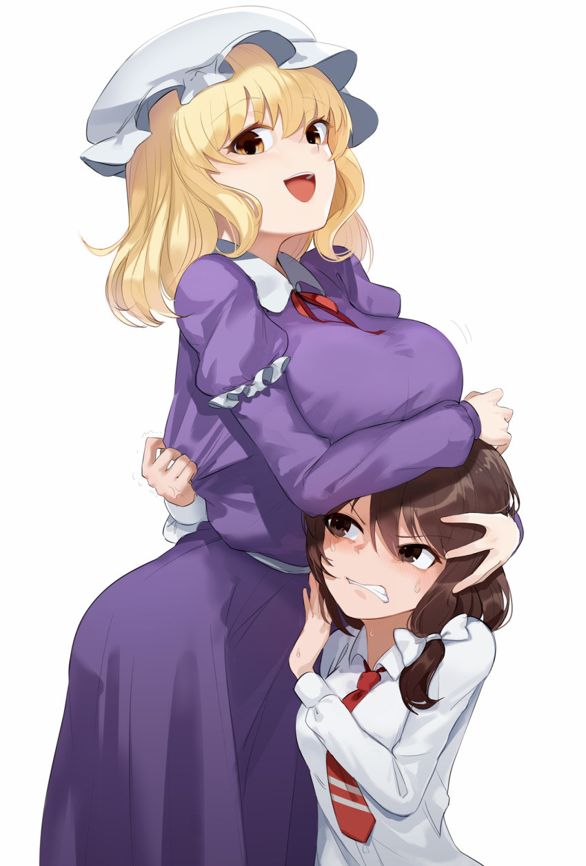 2girls bangs blonde_hair blush breast_envy breast_rest breasts breasts_on_head brown_eyes brown_hair buttons collared_dress collared_shirt commentary dress embarrassed eyebrows_visible_through_hair grimace hair_ribbon hat height_difference highres large_breasts long_sleeves looking_at_another maribel_hearn medium_hair mob_cap multiple_girls necktie open_mouth purple_dress red_neckwear ribbon shirt sidelocks simple_background smile sweatdrop tied_hair touhou trembling usami_renko usuaji white_background white_ribbon white_shirt yellow_eyes