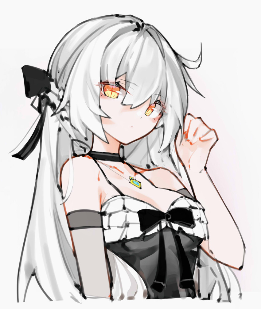 1girl bangs bare_shoulders black_bow black_choker black_dress bow braid breasts brown_eyes choker collarbone dress error1980 eyebrows_visible_through_hair frilled_dress frills grey_background hair_between_eyes hair_bow hair_intakes hand_up highres honkai_(series) honkai_impact_3rd jewelry kiana_kaslana long_hair looking_at_viewer medium_breasts pendant silver_hair simple_background sleeveless sleeveless_dress solo upper_body very_long_hair