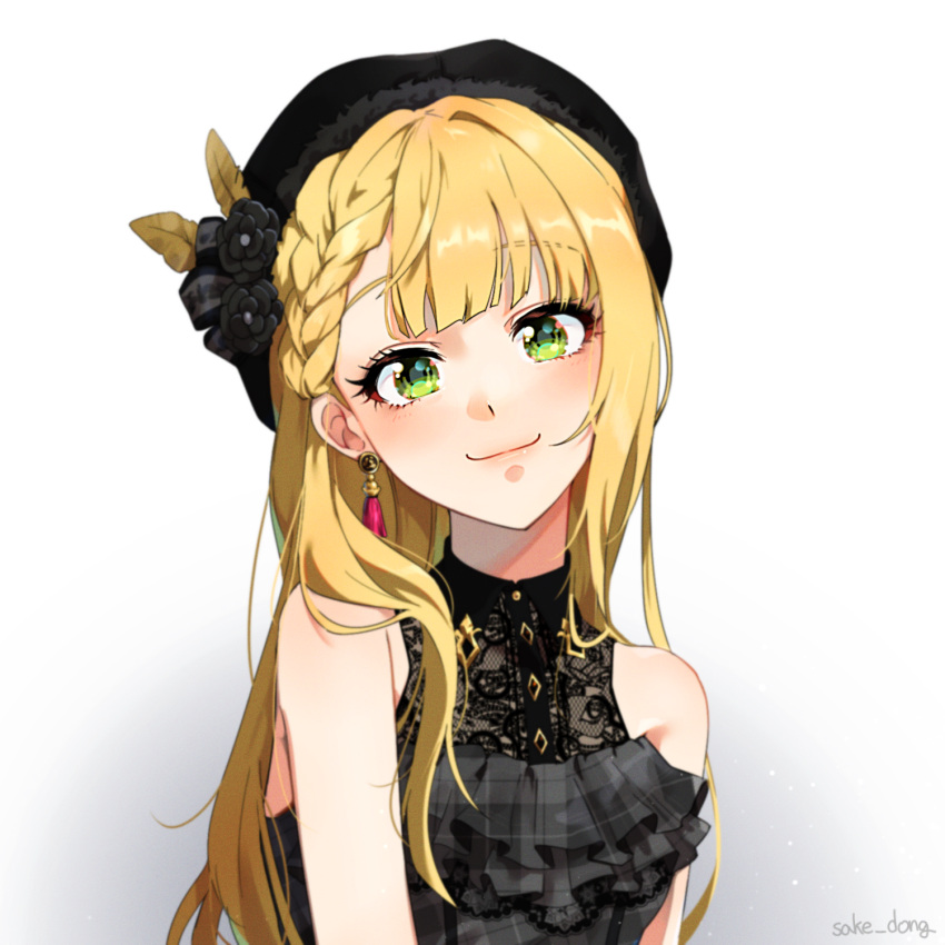 1girl alternate_hair_length alternate_hairstyle artist_name bangs bare_shoulders beret black_flower black_headwear blonde_hair blunt_bangs blush braid closed_mouth commentary dress earrings eyebrows_visible_through_hair flower frilled_dress frills green_eyes hair_flower hair_ornament hat head_tilt highres idolmaster idolmaster_cinderella_girls jewelry long_hair looking_at_viewer miyamoto_frederica sake_dong sleeveless smile solo tassel tassel_earrings