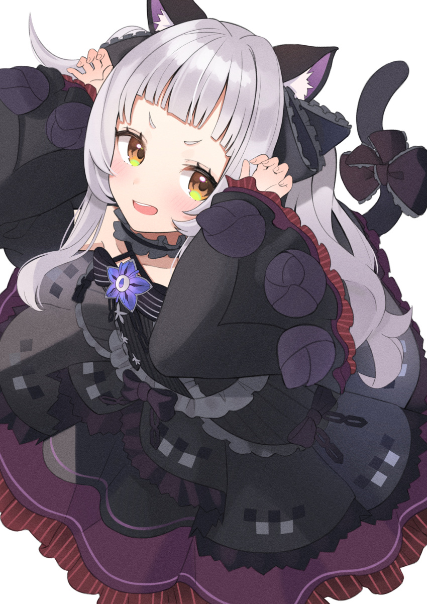1girl animal_ear_fluff animal_ears arms_up bangs black_bow black_dress black_sleeves blush bow brown_eyes cat_ears cat_girl cat_tail collarbone commentary_request criss-cross_halter detached_sleeves dress frilled_bow frilled_dress frills gothic_lolita halterneck highres hololive lolita_fashion long_hair long_sleeves looking_at_viewer murasaki_shion open_mouth see-through see-through_sleeves silver_hair simple_background solo star_(symbol) striped striped_bow tail tail_bow tail_raised upper_teeth v-shaped_eyebrows very_long_hair virtual_youtuber white_background wide_sleeves yudetama