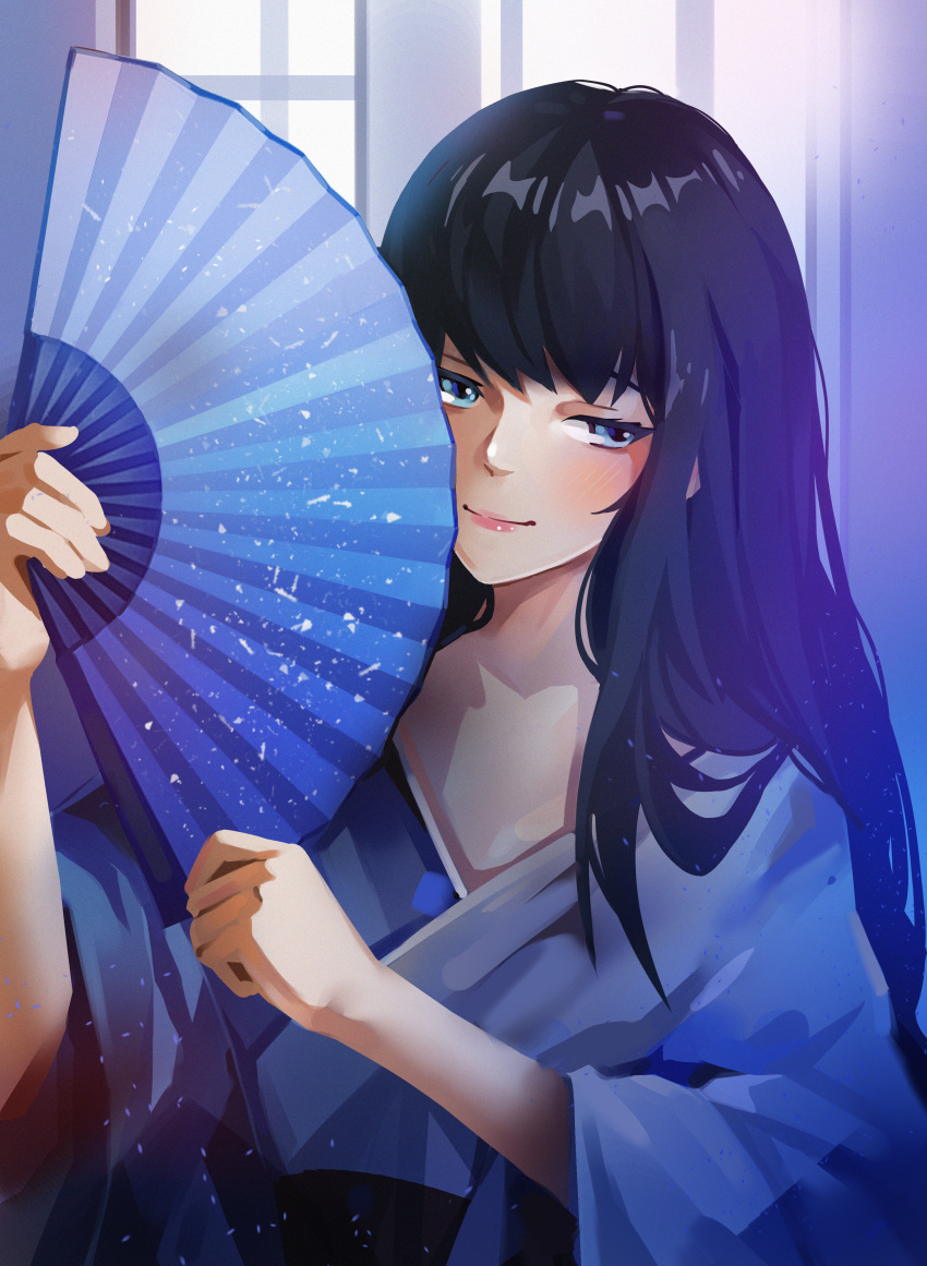 1girl absurdres bangs black_hair blue_eyes blush clothes collarbone eyebrows_behind_hair fan highres holding holding_fan huge_filesize japanese_clothes kimono light_smile long_hair looking_to_the_side open_mouth original solo tdh123 wide_sleeves window