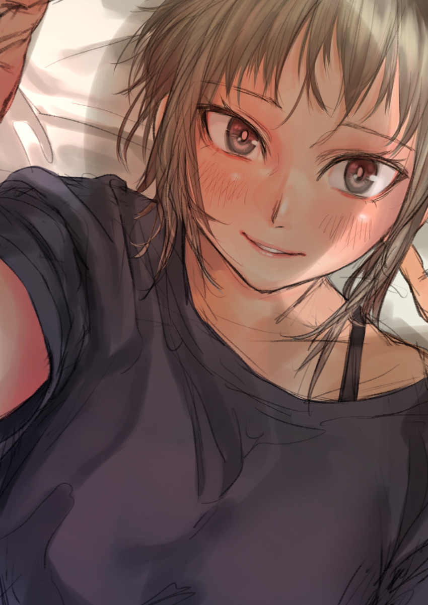 1boy 1girl bangs black_shirt blonde_hair bra_strap casual grey_eyes highres kilye_4421 lips looking_at_viewer lying messy_hair multicolored multicolored_eyes off-shoulder_shirt off_shoulder on_back on_bed original red_eyes shadow shirt short_hair sidelocks smile