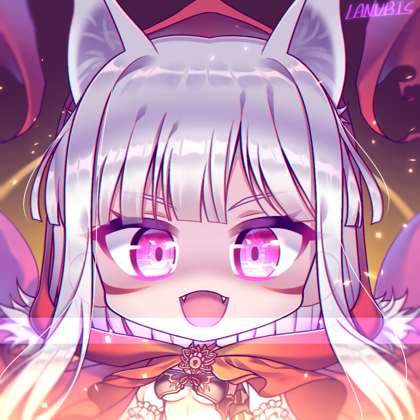 animal_ears breasts capelet chibi fangs fur_capelet glowing glowing_eyes highres kureha_(666)_(sound_voltex) kureha_(sound_voltex) lanubis looking_at_viewer midriff navel pink_eyes red_hood sound_voltex under_boob white_hair wolf_ears