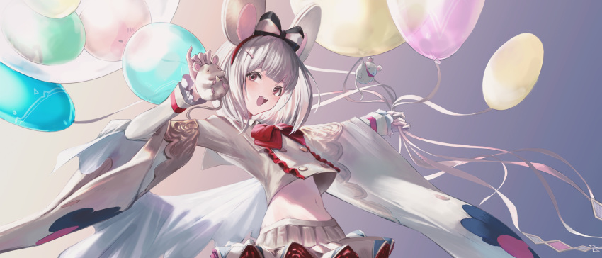 1girl :d animal animal_ears balloon bow bow_hairband bowtie double-breasted granblue_fantasy grey_shirt hair_bow hairband hand_up highres holding holding_animal holding_balloon long_sleeves looking_at_viewer medium_hair midriff miniskirt mouse mouse_ears navel open_mouth pleated_skirt red_bow red_eyes red_hairband red_neckwear ren_(gh) shirt skirt smile solo vikala_(granblue_fantasy) white_hair