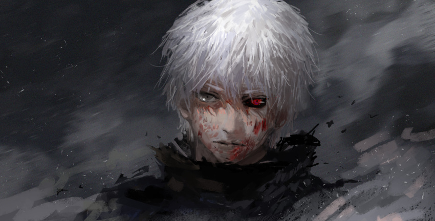 1boy black_sclera blood blood_on_face closed_mouth diaodiao dust dust_cloud face green_eyes heterochromia highres kaneki_ken looking_at_viewer male_focus painterly red_eyes solo tokyo_ghoul torn torn_clothes upper_body white_hair