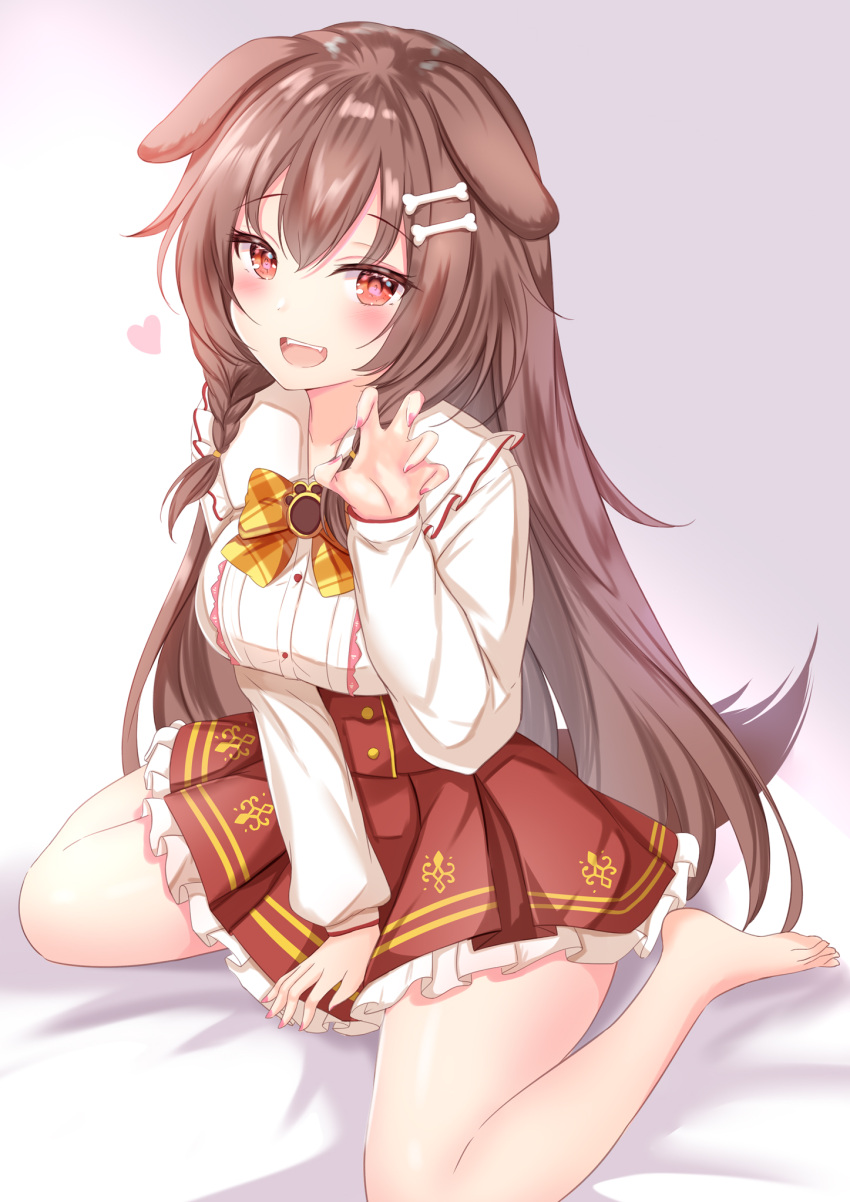 1girl :d animal_ears bangs barefoot between_legs bone_hair_ornament bow braid breasts brown_eyes brown_hair claw_pose collarbone dog_ears dog_girl dog_tail eyebrows_visible_through_hair grey_background hair_between_eyes hair_ornament hand_between_legs heart highres hololive inugami_korone long_hair long_sleeves looking_at_viewer nail_polish open_mouth pink_nails plaid_neckwear shirt simple_background single_braid sitting smile solo tail virtual_youtuber wariza white_shirt yellow_neckwear yuano