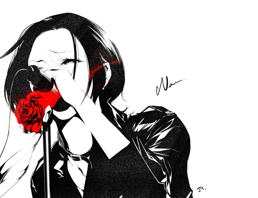 1girl absurdres black_hair black_jacket character_name copyright_name flower highres holding holding_microphone jacket jeiku microphone microphone_stand music nana_(series) neck_belt osaki_nana red_flower red_rose rose simple_background singing solo spot_color upper_body white_background