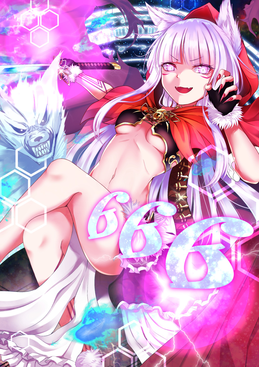 1girl 666 absurdres animal_ears breasts cape capelet claw_pose crossed_legs fangs fingerless_gloves fingernails fur_trim gloves glowing glowing_eyes hexagon highres holding holding_sword holding_weapon hood hood_up kureha_(666)_(sound_voltex) kureha_(sound_voltex) long_fingernails long_hair looking_at_viewer midriff navel open_mouth pelvic_curtain rairaisuruyo red_capelet red_hood solo sound_voltex sword tagme under_boob weapon white_hair wolf wolf_ears