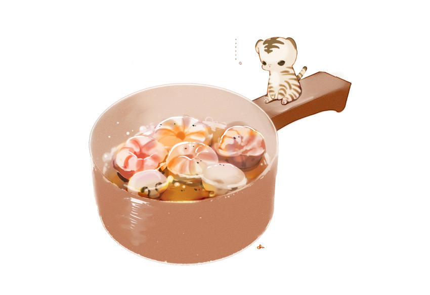 ... animal chai commentary_request food highres mushroom original pot shrimp signature sitting sitting_on_object spoken_ellipsis tama_(chai) tiger undersized_animal white_background white_tiger