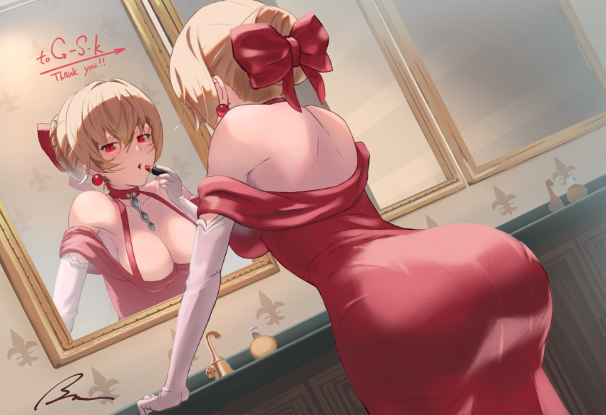 1girl ass blonde_hair bon_mushi breasts commission dress elbow_gloves evening_gown gloves granblue_fantasy hair_bun lipstick makeup medium_breasts mirror official_alternate_costume red_eyes reflection skeb_commission solo vira_lilie