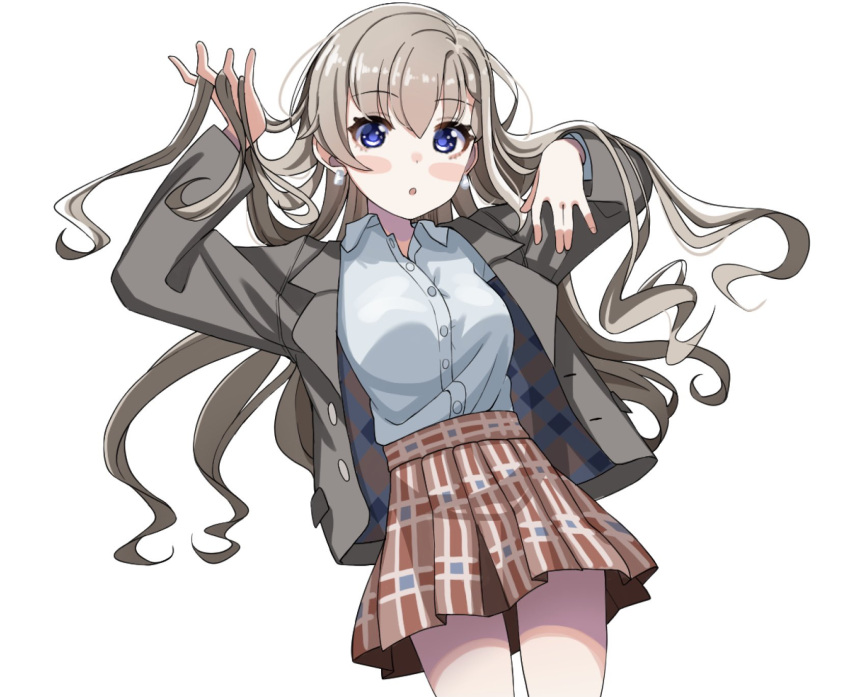 1girl :o arm_up bangs blazer blue_eyes blush_stickers braid braided_bangs breasts brown_skirt collared_shirt commentary_request dress_shirt earrings eyebrows_visible_through_hair grey_hair grey_jacket grey_shirt hair_between_eyes hand_in_hair hand_up highres hisakawa_hayate idolmaster idolmaster_cinderella_girls idolmaster_cinderella_girls_starlight_stage jacket jewelry long_hair open_blazer open_clothes open_jacket parted_lips plaid plaid_skirt pleated_skirt school_uniform shirt shiwa_(siwaa0419) simple_background skirt small_breasts solo very_long_hair white_background
