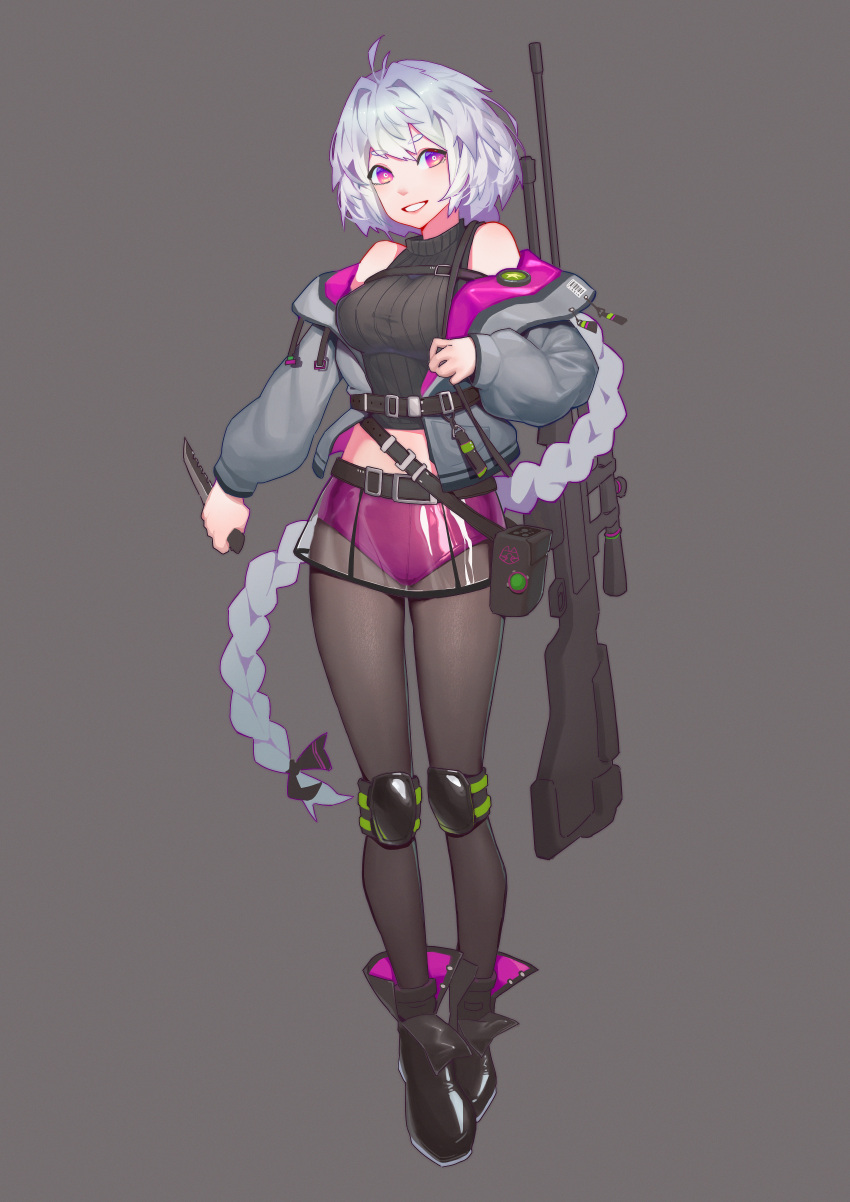 1girl absurdres ankle_boots bare_shoulders black_footwear black_sweater boots braid cropped_sweater grey_background grey_hair grey_jacket grey_legwear gun highres holding holding_knife jacket knee_pads knife lan_mao_akko long_hair looking_at_viewer off-shoulder_jacket open_clothes open_jacket original pantyhose pink_eyes reverse_grip ribbed_sweater rifle simple_background single_braid sleeveless_sweater smile sniper_rifle solo sweater very_long_hair violet_eyes weapon weapon_on_back