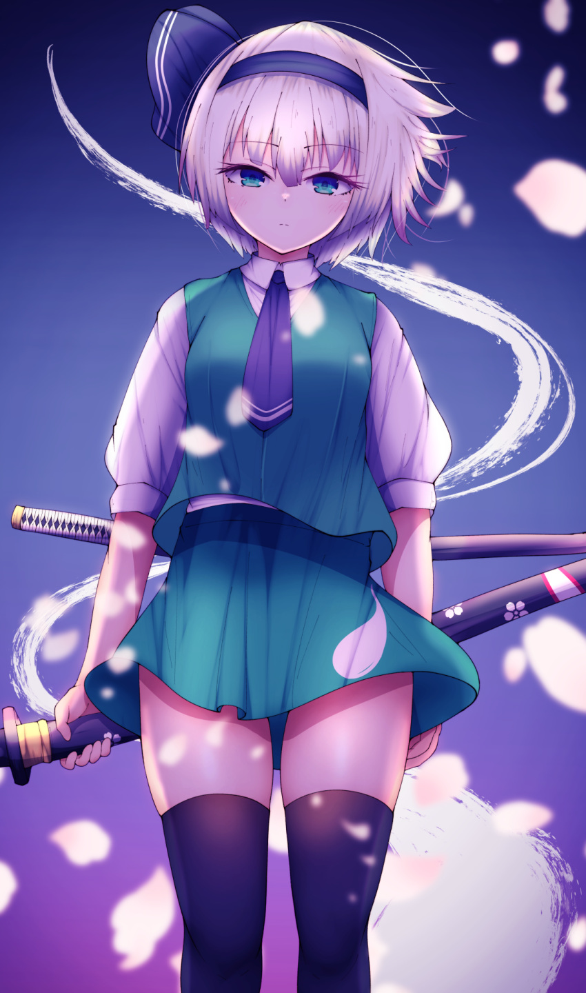 1girl bangs black_hairband black_legwear cherry_blossoms closed_mouth darumoon ghost gradient gradient_background green_eyes green_skirt green_vest hairband highres konpaku_youmu konpaku_youmu_(ghost) looking_at_viewer multiple_swords petals purple_neckwear sheath sheathed shirt short_hair short_sleeves silver_hair simple_background skirt skirt_set solo standing sword sword_behind_back thighs touhou vest weapon white_shirt