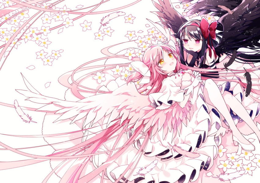 2girls absurdly_long_hair akemi_homura akuma_homura angel_wings arm_support ayumaru_(art_of_life) bare_shoulders black_feathers black_gloves black_hair black_wings chin_rest cleavage_cutout clothing_cutout commentary_request dot_nose dress elbow_gloves eyebrows_visible_through_hair facing_viewer feathered_wings feathers flower frilled_dress frilled_sleeves frills gloves goddess_madoka hair_ribbon half-closed_eyes hands_on_own_chest happy high_heels kaname_madoka knees_together_feet_apart layered_dress legs_up light_blush light_particles light_smile long_dress long_hair looking_at_another looking_down looking_up lying mahou_shoujo_madoka_magica mahou_shoujo_madoka_magica_movie multiple_girls on_back on_stomach parted_lips petals pink_feathers pink_hair pink_legwear pink_wings red_ribbon ribbon shiny shiny_hair simple_background straight_hair two_side_up very_long_hair violet_eyes white_background white_dress white_feathers white_flower white_footwear white_gloves white_ribbon wide_shot wide_sleeves winged_footwear wings yellow_eyes