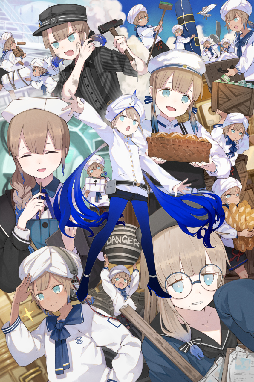 baguette bangs bird black_headwear black_jacket black_shorts blonde_hair blue_eyes blue_footwear blue_hair blue_legwear blush braid bread broom brown_hair captain_nemo_(fate/grand_order) clouds collared_shirt commentary_request dress_shirt fate/grand_order fate_(series) food gender_request glasses gradient gradient_hair gradient_legwear hammer hat high_heels highres holding holding_broom holding_food holding_hammer jacket long_hair long_sleeves looking_at_viewer multicolored_hair open_mouth paint_on_face pantyhose shirt short_ponytail short_sleeves shorts smile striped striped_shirt tetsu_(teppei) turban twintails white_headwear white_jacket
