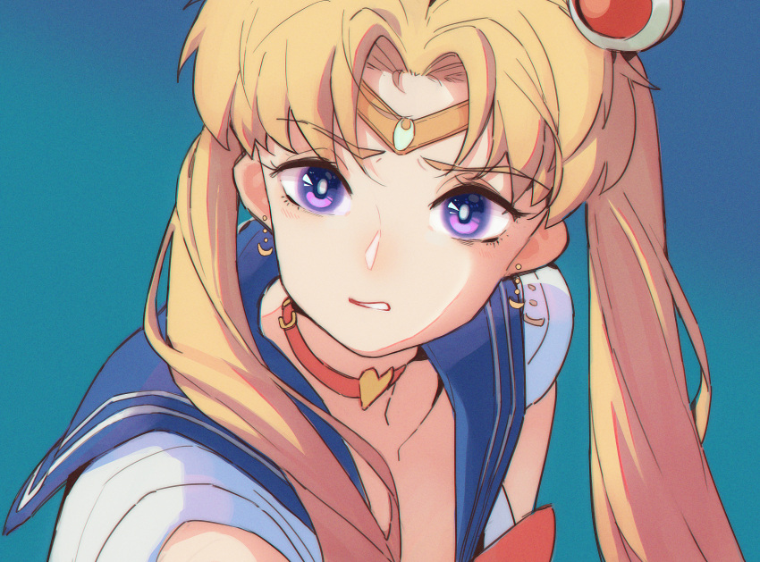 1girl bishoujo_senshi_sailor_moon blonde_hair blue_background blue_sailor_collar bright_pupils choker circlet clenched_teeth earrings from_side hair_ornament heart heart_choker highres jewelry lan_mao_akko long_hair looking_at_viewer looking_to_the_side red_choker sailor_collar sailor_moon sailor_moon_redraw_challenge school_uniform serafuku shirt short_sleeves simple_background solo teeth tsukino_usagi twintails violet_eyes white_pupils white_shirt