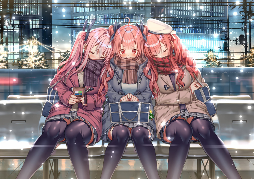 3girls ahoge akusema azur_lane bag black_legwear blush bow breasts bremerton_(azur_lane) christmas_tree city color_connection commentary_request hair_bow head_on_another's_shoulder highres honolulu_(azur_lane) large_breasts long_hair long_sleeves look-alike multiple_girls power_lines red_eyes redhead scarf sleeping sleeping_on_person snowing thigh-highs trait_connection twintails zara_(azur_lane)