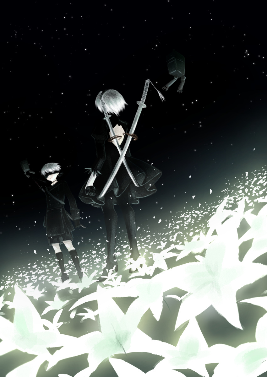 1boy 1girl absurdres black_dress black_gloves black_legwear black_pants blindfold clenched_hands dress floating floating_hair flower gloves glowing_flower highres katana leggings nier_(series) nier_automata pants robot sheath sheathed sky star_(sky) starry_sky sword thigh-highs univrs weapon white_hair yorha_no._2_type_b yorha_no._9_type_s