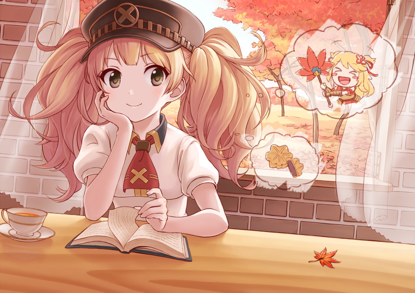 2girls absurdres arm_support ascot blonde_hair book brick_wall brown_eyes character_request cup curtains elbow_rest eyebrows_visible_through_hair fan food hand_on_own_cheek hat highres leaf looking_to_the_side momiji_manjuu monika_weisswind multiple_girls nakahima princess_connect! princess_connect!_re:dive saucer short_sleeves short_twintails sitting smile table teacup thought_bubble tree twintails wagashi window