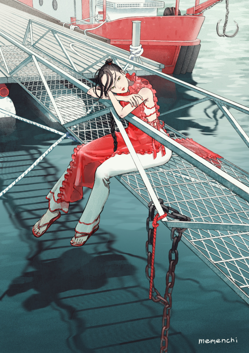 1girl aburage_(motimotigg20) bangs black_hair boat braid chain double_bun frills full_body highres original outdoors pants red_footwear red_lips red_nails rope sandals shadow signature sleeveless solo twin_braids water watercraft white_pants