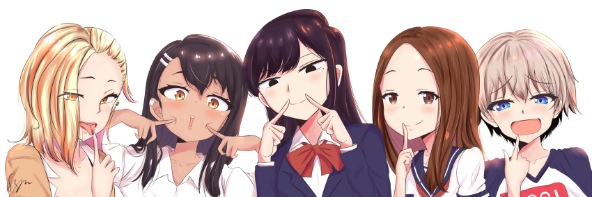 5girls bangs black_eyes black_hair blonde_hair blue_eyes blush brown_eyes brown_hair closed_mouth collarbone dark_skin dark-skinned_female eyebrows_visible_through_hair fang finger_to_mouth forehead grin hair_between_eyes hair_ornament hairclip highres ijiranaide_nagatoro-san karakai_jouzu_no_takagi-san komi-san_wa_komyushou_desu komi_shouko long_hair long_sleeves looking_at_viewer medium_hair multiple_girls nagatoro_hayase neckerchief open_mouth parted_bangs red_neckwear sailor_collar school_uniform serafuku shiny shiny_hair shiny_skin shirt short_hair short_sleeves sidelocks silver_hair simple_background skin_fang smile smug sugoi_dekai swept_bangs syyn_(syyndev) takagi-san uzaki-chan_wa_asobitai! uzaki_hana white_background white_shirt yancha_gal_no_anjou-san