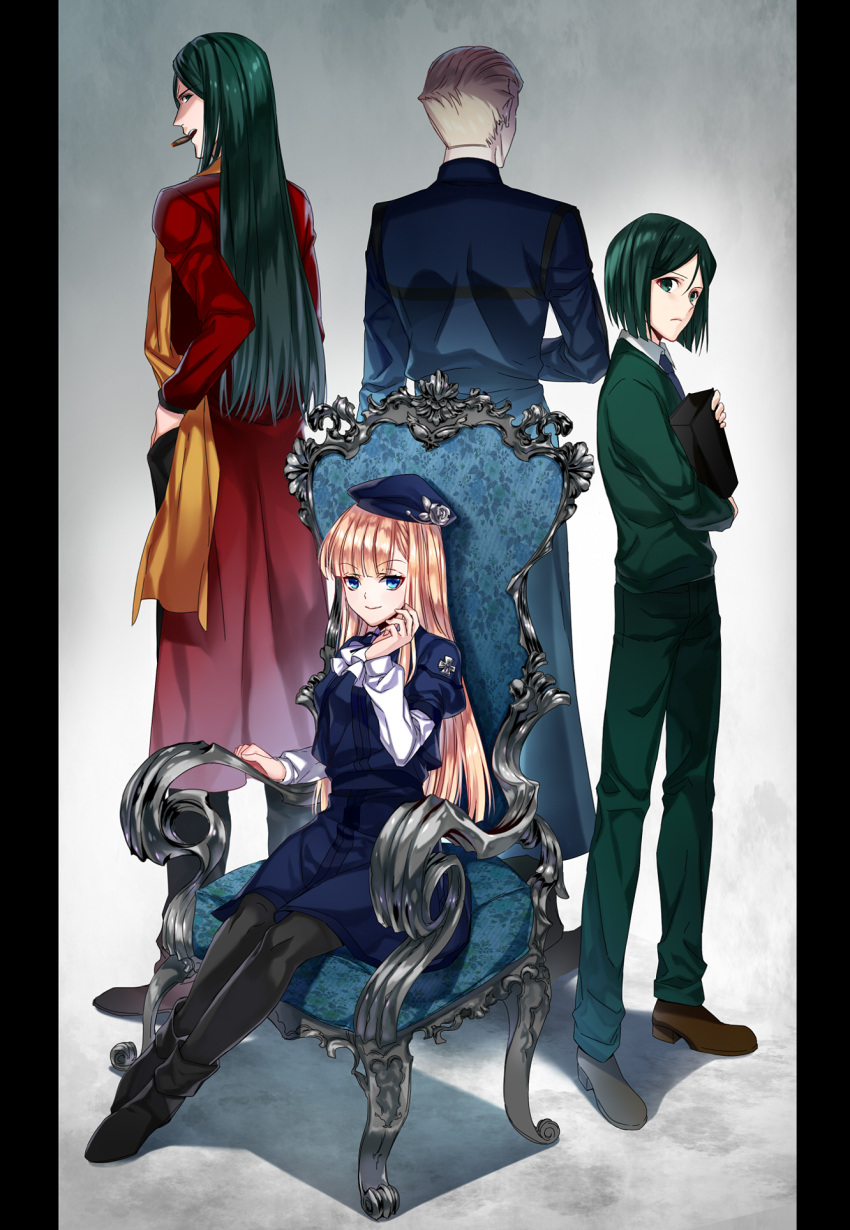 1girl 3boys bangs black_hair black_legwear blonde_hair blue_eyes blunt_bangs boots cigar commentary_request dress dual_persona fate/grand_order fate/stay_night fate/zero fate_(series) from_behind green_eyes green_hair hat highres kayneth_el-melloi_archibald long_hair long_sleeves looking_at_viewer looking_back lord_el-melloi_ii lord_el-melloi_ii_case_files multiple_boys older pantyhose reines_el-melloi_archisorte revision short_hair sitting waver_velvet ycco_(estrella)