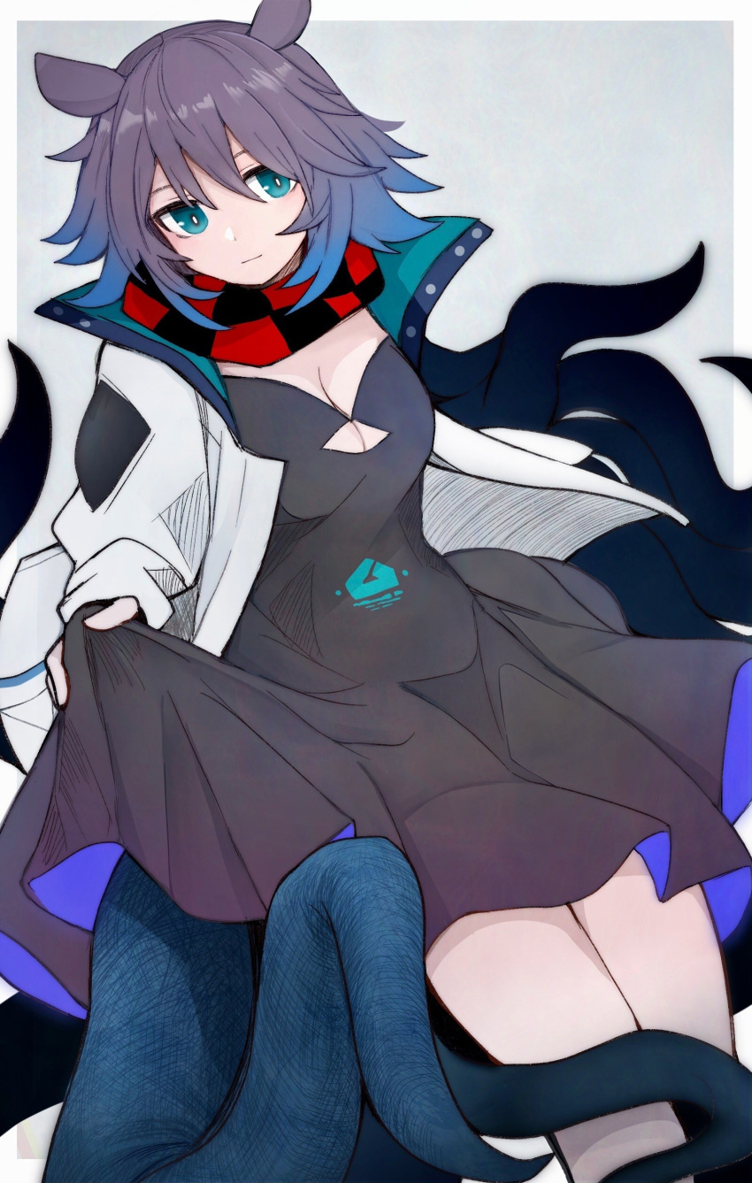absurdres animal_ears arknights black_dress black_scarf blue_eyes blue_hair checkered checkered_scarf cleavage_cutout clothes_lift clothing_cutout deepcolor_(arknights) dress dress_lift elite_ii_(arknights) feet_out_of_frame gradient_hair grey_background hair_between_eyes highres jacket lifted_by_self looking_at_viewer multicolored_hair open_clothes open_jacket purple_hair red_scarf sasahara_(shou_goi) scarf short_hair simple_background tentacles white_jacket