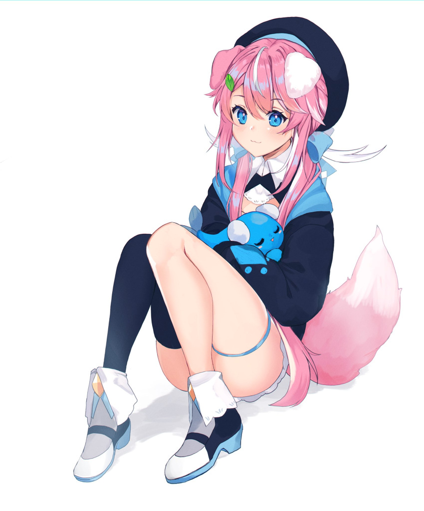 :3 animal_ears asymmetrical_legwear blue_sweater cable dog_ears dog_girl dog_tail highres hood hoodie indie_virtual_youtuber kneehighs leaf long_sleeves low_twintails power_symbol print_neckwear puffy_long_sleeves puffy_sleeves purple_footwear single_kneehigh sweater tail twintails white yuniiho yuniiho_(vtuber)