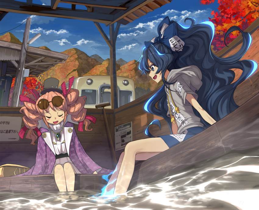 2girls ashiyu aura autumn autumn_leaves bag belt blue_eyes blue_hair blue_skirt blue_sky blush_stickers bow broom closed_eyes clouds commentary_request debt drawstring dress drill_hair eyewear_on_head fisheye grey_hoodie ground_vehicle hair_bow handbag hat highres hood hood_down hoodie jacket jewelry leaning_to_the_side long_hair long_sleeves looking_at_another mini_hat mini_top_hat miniskirt mountain multiple_girls necklace open_clothes open_jacket open_mouth pendant pink_hair ponytail purple_jacket scenery shope short_hair siblings sideways_mouth sign sisters sitting skirt sky soaking_feet sunglasses top_hat touhou train train_station twin_drills unmoving_pattern very_long_hair white_dress yorigami_jo'on yorigami_shion