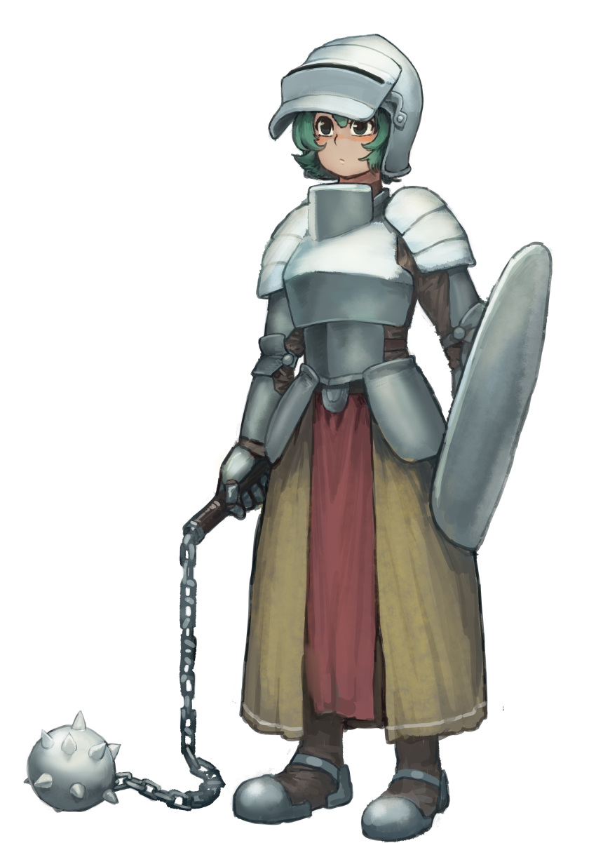 1girl absurdres armor breastplate brown_pants chanta_(ayatakaoisii) closed_mouth faulds flail full_armor full_body gauntlets green_eyes green_hair helmet highres holding holding_shield holding_weapon metal_boots morning_star original pants pelvic_curtain shield short_hair shoulder_armor simple_background skirt solo spaulders standing visor_(armor) weapon white_background yellow_skirt