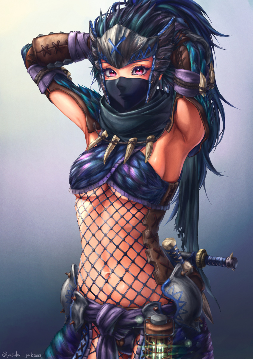 1girl absurdres armor armpits arms_behind_head arms_up black_hair blue_hair breasts covered_mouth dagger eyelashes fishnet_top fishnets forehead_protector green_hair highres huge_filesize lantern long_hair looking_at_viewer mask medium_breasts monster_hunter mouth_mask multicolored_hair nargacuga_(armor) navel red_eyes scarf solo standing under_boob weapon yusaku_jacksana