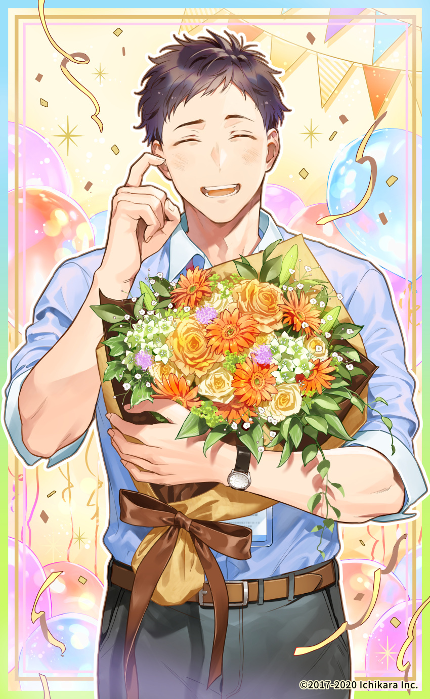 1boy :d absurdres balloon belt bikkusama black_hair black_pants blue_shirt blush border bouquet brown_ribbon closed_eyes collared_shirt commentary_request company_name confetti cowboy_shot dated facing_viewer flower hand_up happy highres id_card lanyard male_focus nijisanji official_art open_mouth outline outside_border pants ribbon rose shirt short_hair sleeves_rolled_up smile solo sparkle standing string_of_flags teeth virtual_youtuber watch watch white_outline yashiro_kizuku