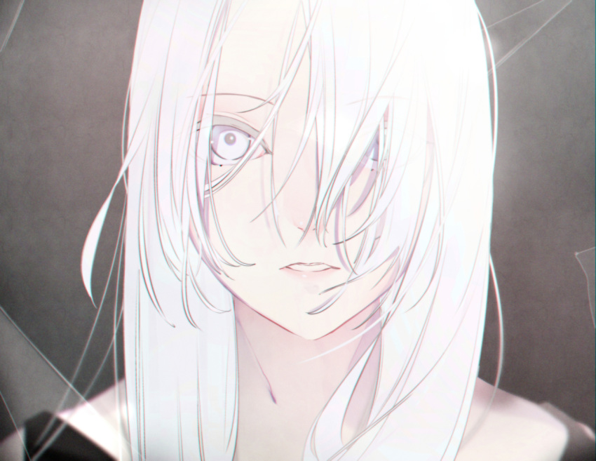 1girl broken_glass eyebrows face glass long_hair maimuro original parted_lips pink_lips solo upper_body white_eyes white_hair