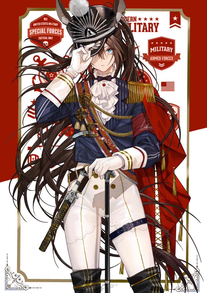 1girl absurdres american_flag amiya_(arknights) anchor_symbol animal_ear_fluff animal_ears arknights armband background_text bangs belt belt_buckle blue_jacket boots bow bowtie braid brown_hair buckle buttons cane cape chinese_commentary clothing_request collared_jacket cowboy_shot dagger earrings english_text epaulettes frills glint gloves hand_on_cane hand_on_headwear hat hat_over_one_eye highres jacket jewelry light_frown long_hair medal military_hat multicolored multicolored_background paneled_background pants pinstripe_pattern pom_pom_(clothes) rabbit_ears rhodes_island_logo sash sheath sheathed sleeve_cuffs solo stitches striped tagme tassel thigh_strap very_long_hair weapon white_gloves yolanda_(8349252)