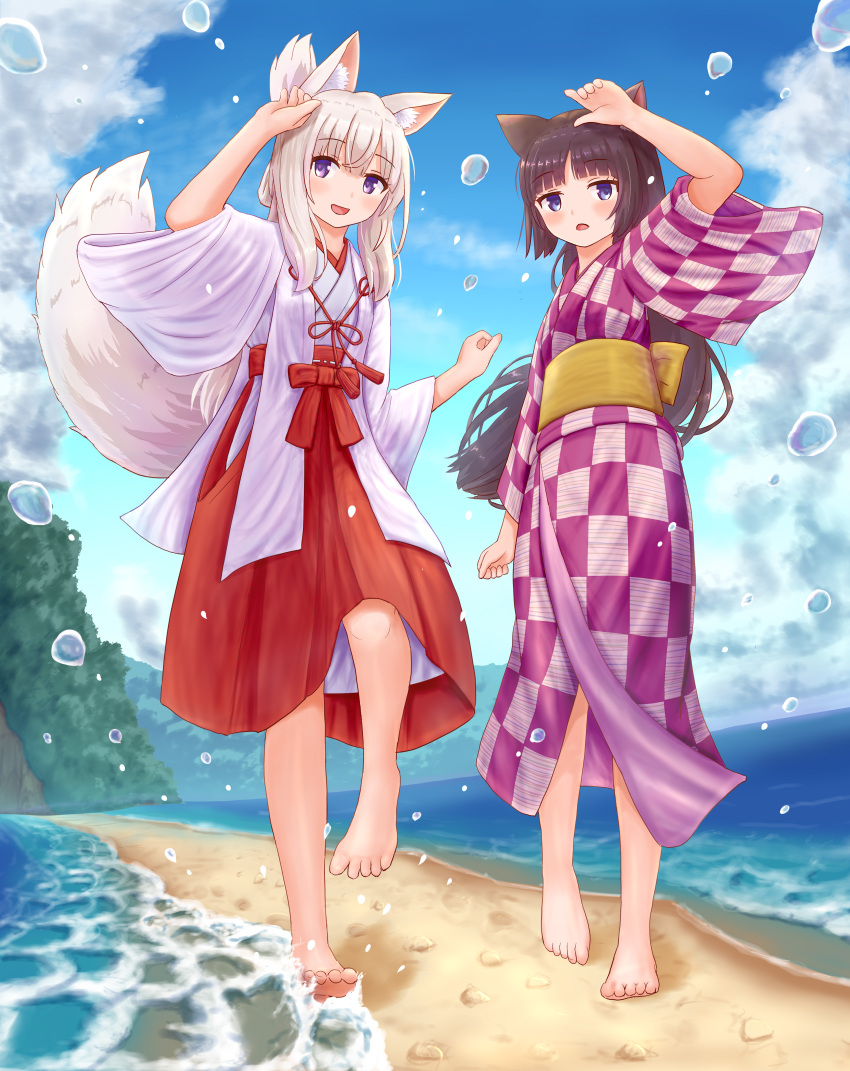 2girls :d absurdres animal_ear_fluff animal_ears arm_up bangs barefoot black_hair blue_eyes blush cat_ears checkered checkered_kimono commentary_request day eyebrows_visible_through_hair fox_ears fox_girl fox_tail hair_between_eyes hakama highres iroha_(iroha_matsurika) japanese_clothes kimono long_hair long_sleeves miko multiple_girls obi open_mouth original outdoors red_hakama sash short_sleeves silver_hair smile standing standing_on_one_leg tail very_long_hair violet_eyes water water_drop white_kimono wide_sleeves