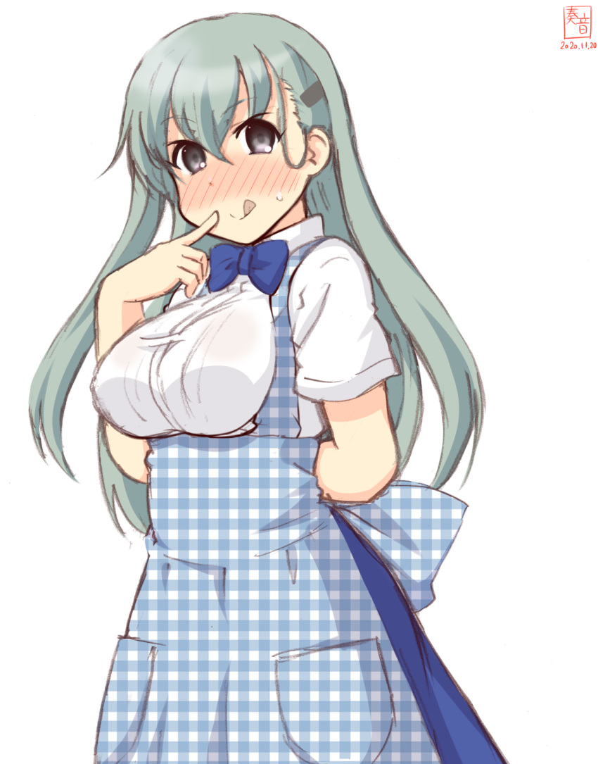 1girl alternate_costume apron aqua_hair artist_logo black_eyes blue_apron blue_neckwear blue_skirt bow bowtie breasts commentary_request cowboy_shot dated gingham gingham_apron hair_ornament hairclip highres kanon_(kurogane_knights) kantai_collection kobeya kobeya_uniform large_breasts long_hair looking_at_viewer shirt short_sleeves simple_background skirt solo suzuya_(kantai_collection) tongue tongue_out waitress white_background white_shirt
