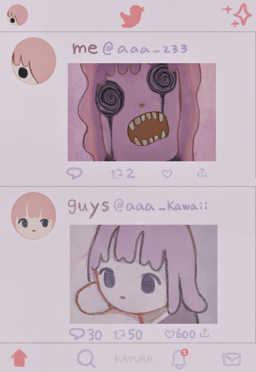 2girls @_@ bangs black_eyes fake_screenshot highres kapura long_hair looking_at_viewer multiple_girls open_mouth original pink_hair purple_hair teeth twitter_logo