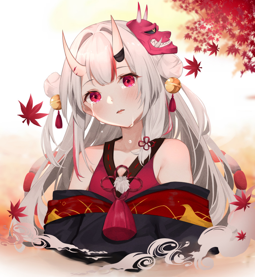 1girl absurdres autumn_leaves bangs bare_shoulders bell black_kimono blush collarbone commentary_request cropped_torso crying crying_with_eyes_open double_bun eyebrows_behind_hair hair_bell hair_ornament head_tilt highres hololive horns japanese_clothes jingle_bell kimono leaf long_hair looking_at_viewer maple_leaf mask mask_on_head multicolored_hair nakiri_ayame oni oni_horns oni_mask parted_lips red_eyes redhead ribbon_trim silver_hair solo streaked_hair tears upper_body upper_teeth virtual_youtuber yuya_(pixiv37335712)