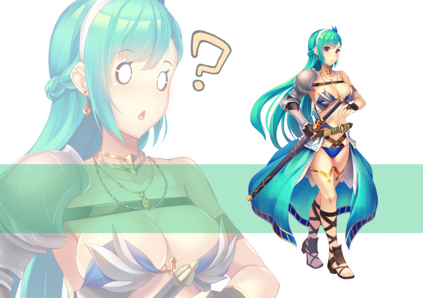 1girl ? ankle_lace-up arm_armor armor belt bikini_armor braid breasts covered_nipples cross-laced_footwear earrings fingerless_gloves gloves green_hair high_heels huge_breasts jewelry long_hair luupechi navel necklace original sandals shoulder_armor single_sleeve sword violet_eyes waist_cape weapon