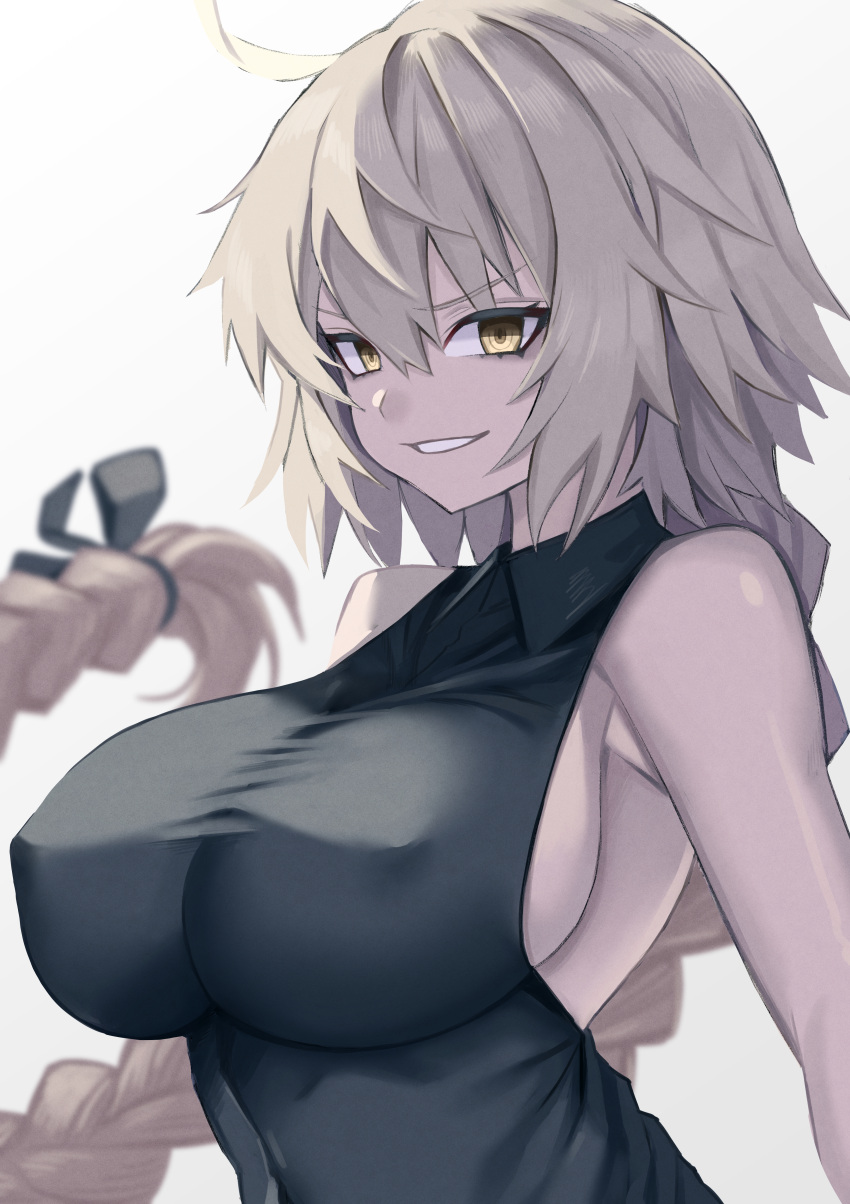 1girl absurdres ahoge alternate_hairstyle bangs black_ribbon blurry blurry_background braid breasts commentary_request covered_navel depth_of_field eyebrows_visible_through_hair fate/grand_order fate_(series) grin hair_ribbon highres huge_filesize impossible_clothes imuzi jeanne_d'arc_(alter)_(fate) jeanne_d'arc_(fate)_(all) large_breasts long_hair looking_at_viewer pale_skin parted_lips ribbon sideboob silver_hair simple_background single_braid sleeveless smile solo upper_body v-shaped_eyebrows very_long_hair white_background yellow_eyes