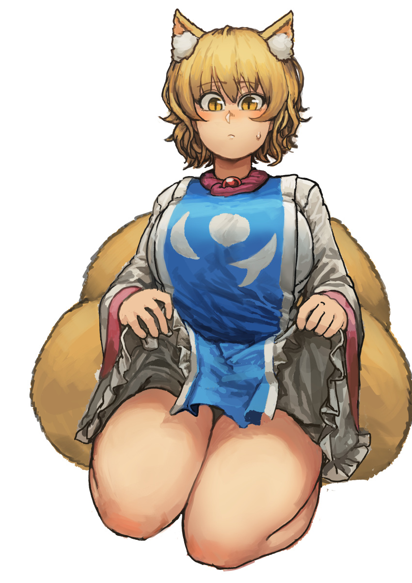 1girl absurdres animal_ears blonde_hair breasts brooch chanta_(ayatakaoisii) closed_mouth fox_ears fox_tail highres huge_breasts jewelry lifted_by_self long_sleeves looking_at_viewer seiza shirt simple_background sitting skirt skirt_lift slit_pupils solo sweat tabard tail touhou white_background white_shirt white_skin yakumo_ran yellow_eyes